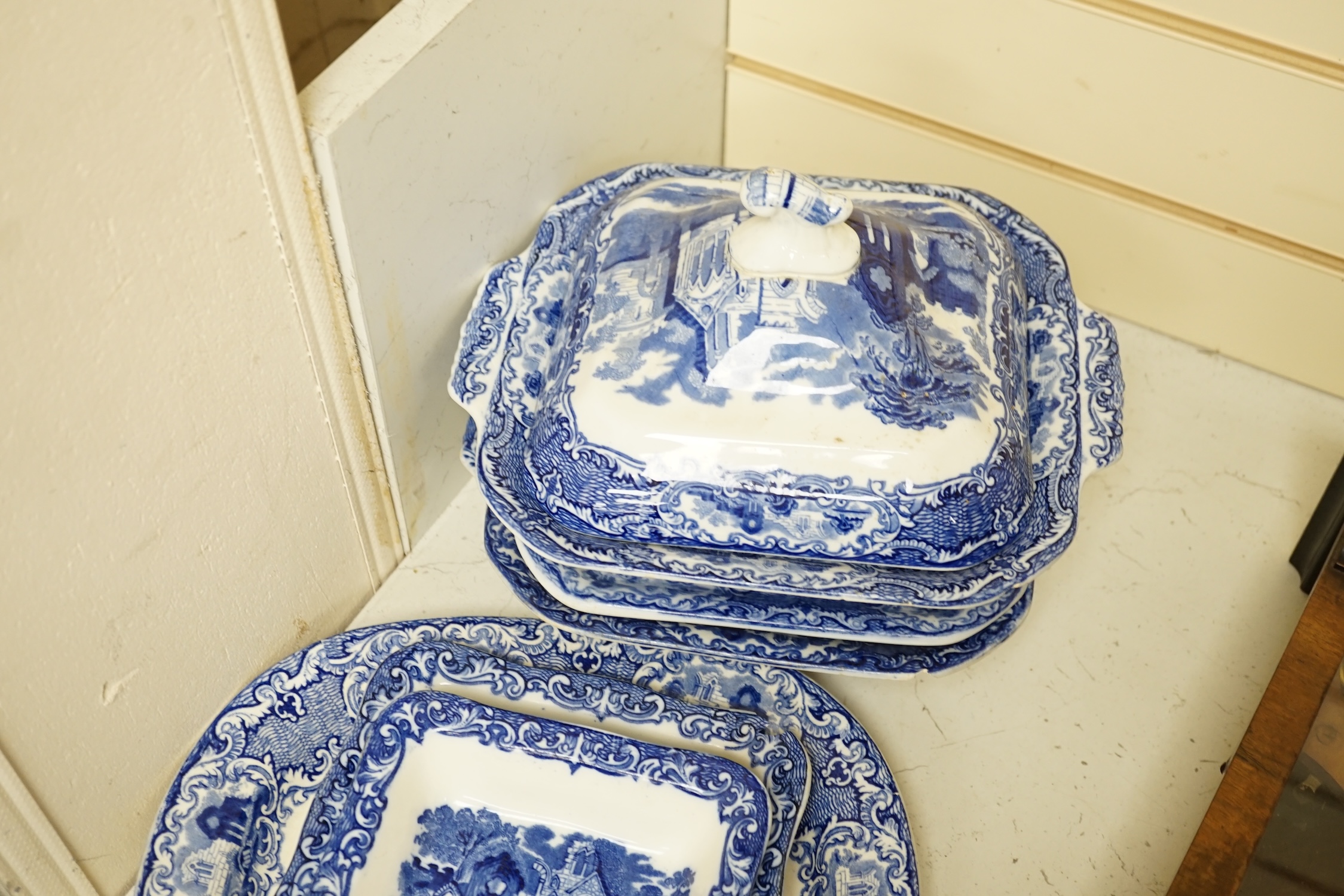 A large comprehensive collection of blue and white ‘Abbey’ dinner ware and tea ware. Condition - poor to fair to good